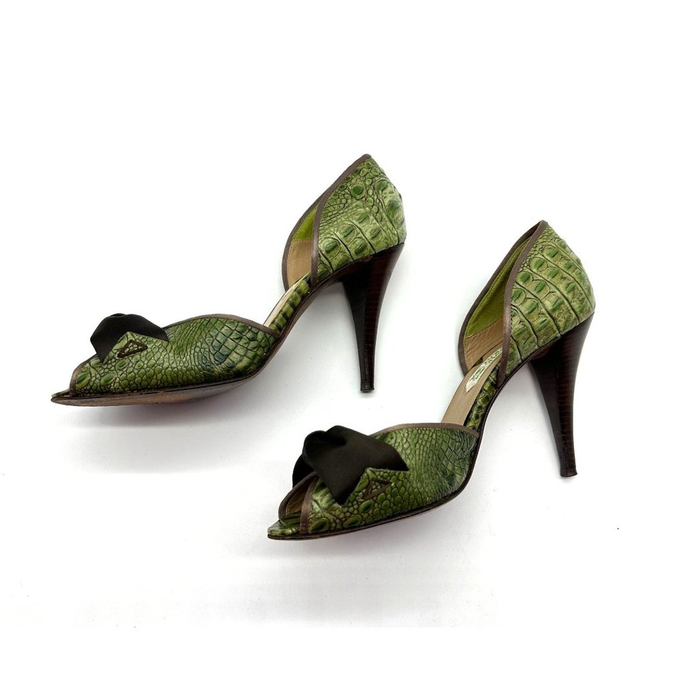 Guillaume Hinfray  Womens Crocodile Heels Bow Open Toe Green Leather Size 37